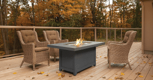 3 chairs placed around a fire table outside on a deck