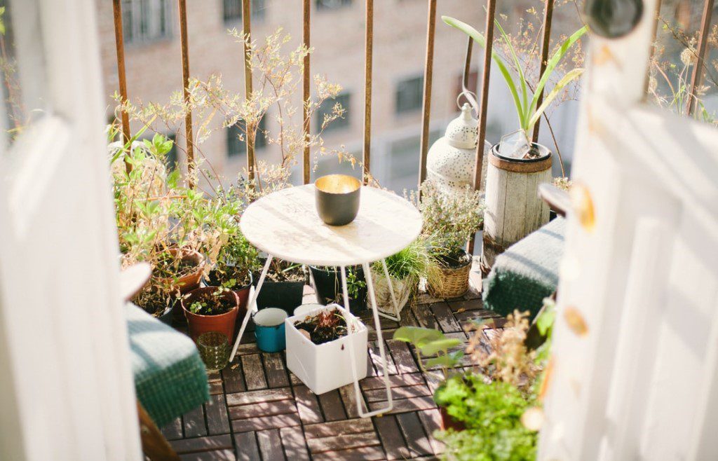 White coffee table on a patio, surrounded by green plants