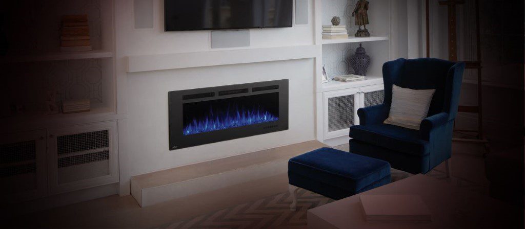 gas fireplace mounted in the wall, with blue flame