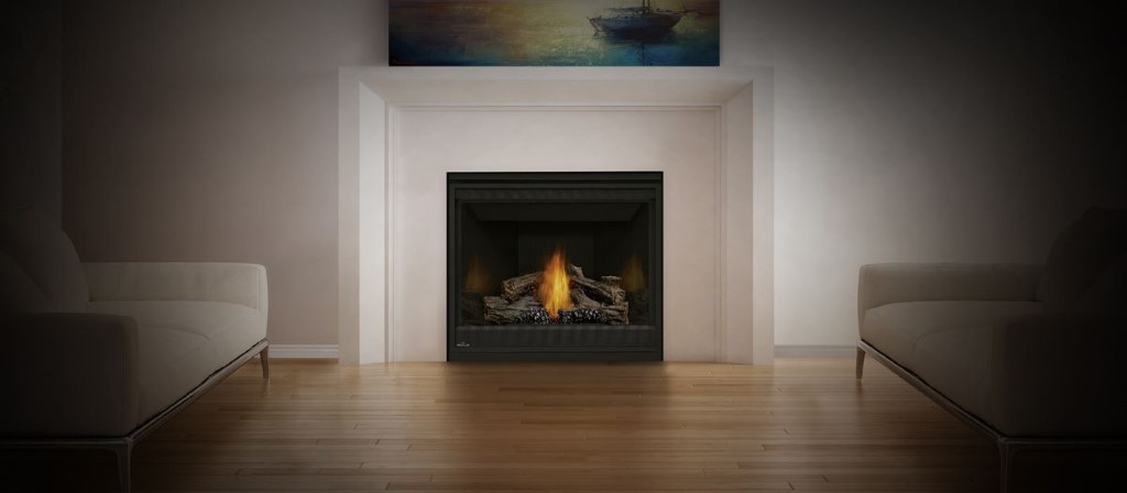 gas fireplace with a white frame in an empty living room