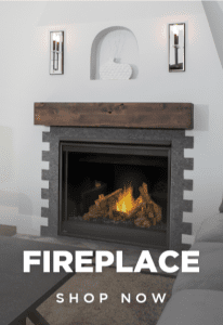 Built in electric fireplace with wood accent, has text that reads "Fireplace Shop Now"