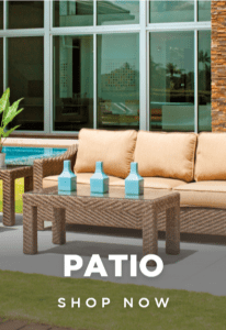 Outdoor patio furniture, glass top coffee table and beige couch