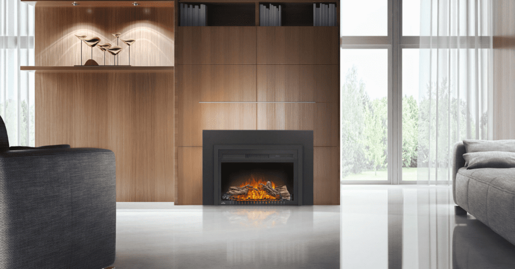 Modern open-space living room with a gas fireplace