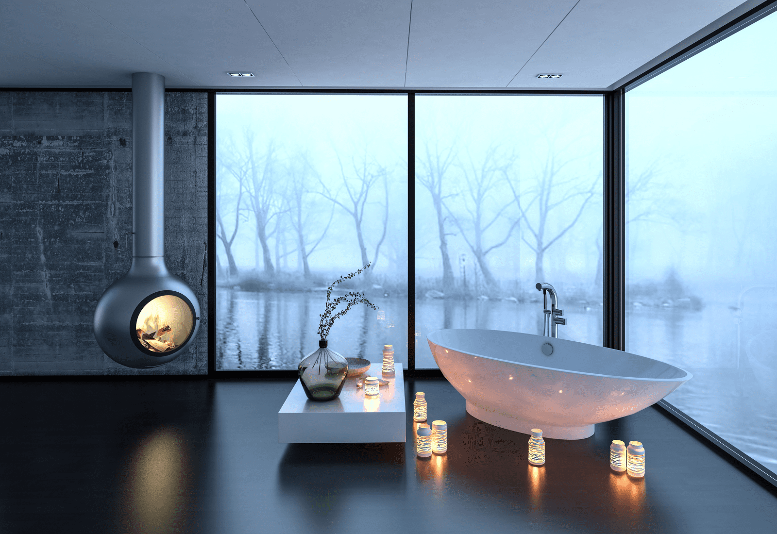 Beautiful bathroom with big windows and a bath tub with modern fireplace.