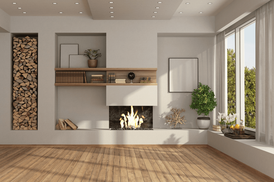 White fireplace with a fire in a living room