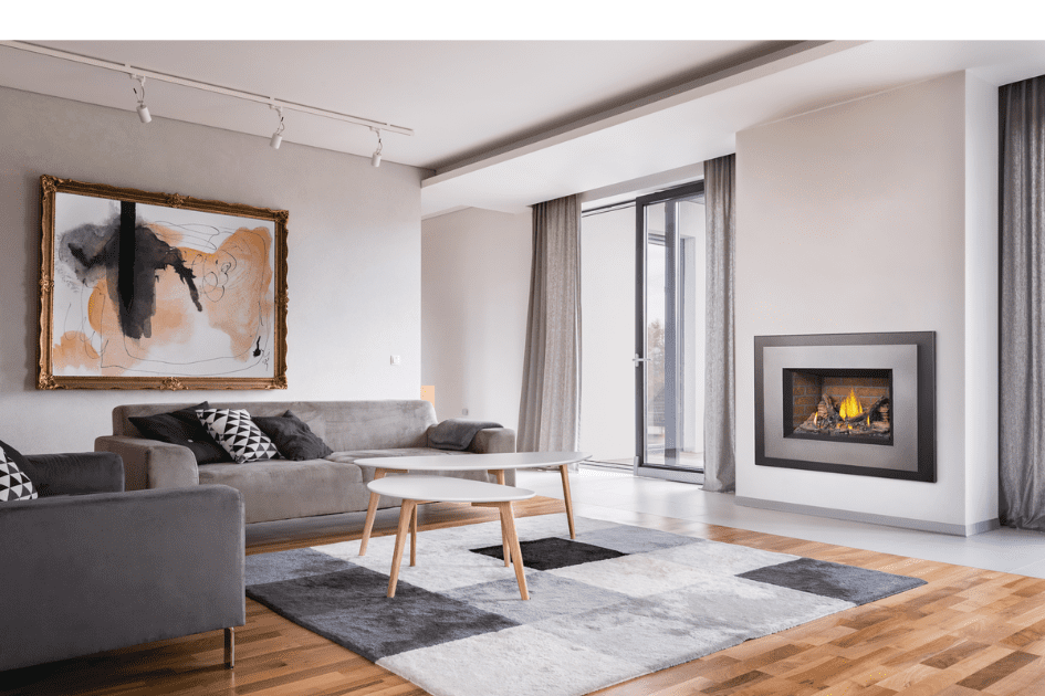 A Napoleon gas fireplace insert in the middle of a modern styled living room