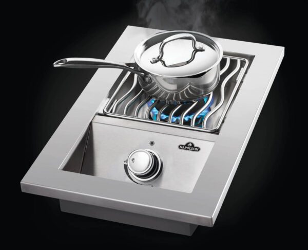 Built-in 500 Series Single Range Top Burner burner angled on with pot