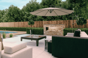 A backyard patio set situated around the Napoleon Galaxy see-thru outdoor fireplace